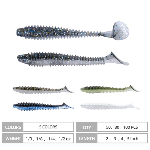 Paddle Tail Swimbaits 100/80/50PCS, 5/4/3/2 inch Soft Fishing Lures Bulk Pack – Durable Lifelike Action Lures for Bass, Trout, Crappie – Freshwater & Saltwater Fishing Gifts - color: Silver Blue, size: 4in, 80pcs