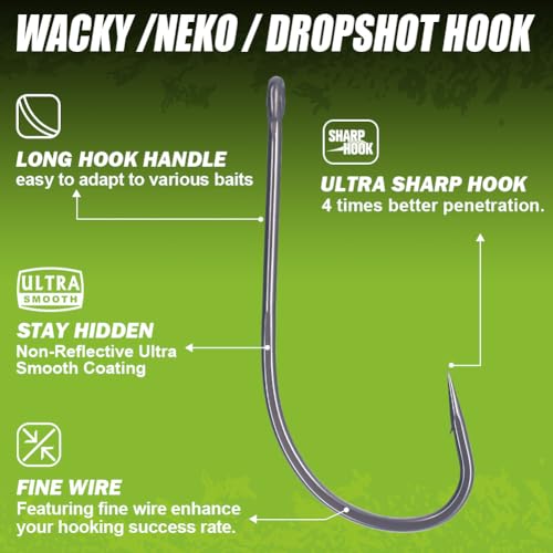 Drop Shot Hooks Wacky Rig Neko Bass Fishing Finesse Worm Size 2/0~#4 25Pack Bulk - size: Size 2 Pack of 25