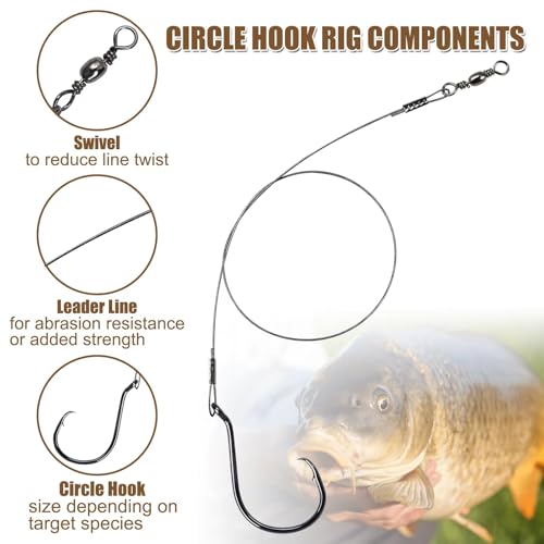 Circle Hooks Rigs, 15pcs Fishing Leader Rigs with Steel Leader Wire and Circle Hooks 1/0 2/0 3/0 4/0 5/0 6/0 7/0 8/0 9/0 10/0 for Bass, Catfish Fishing - size: 1/0