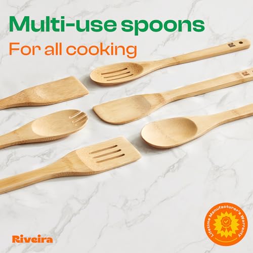 Riveira Bamboo Cooking Spoons 6-Piece – Wooden Cooking Utensils Set with Wooden Spoons for Cooking & Spatulas Wooden Utensil Sets – Premium Kitchen Utensils Set – Durable First Apartment Essentials