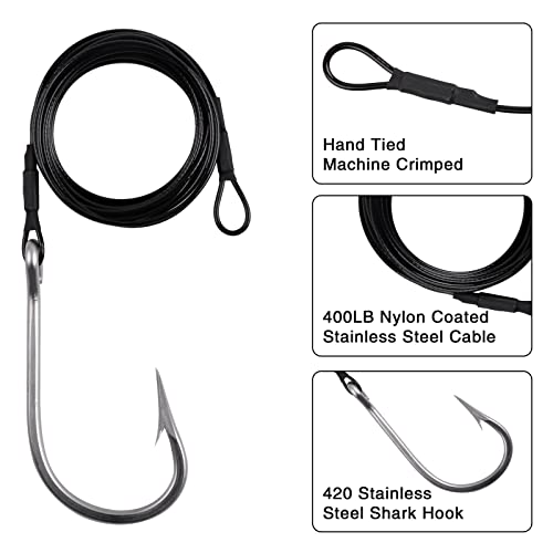 Fishing Shark Rigs Surf Fishing Stainless Steel Cable Leader Wire with Tuna Shark Hooks Saltwater Fishing Deep Sea Hooks Big Fish Shark Leader Rig - size: 10/0-2PCS
