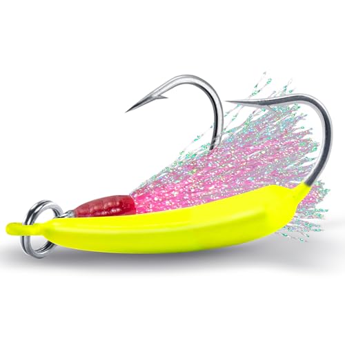 Dr.Fish 5 Pack Pompano Jigs with Teaser Hooks, Surf Fishing Jig Heads Saltwater Lure Banana Shape Stand Up O'Shaughnessy Beach Casting Halibut Striper Redfish Flounder - color: Chartreuse, size: 1/4oz-Hook 2/0