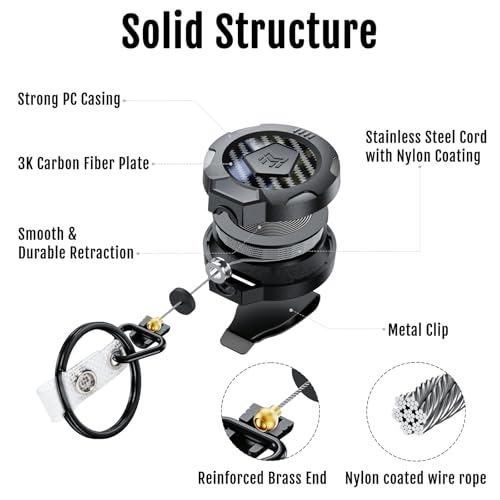 MNGARISTA Upgraded Heavy Duty Retractable Keychain with Belt Clip, 10 OZ Retraction, 31.5" Stainless Steel Cord, 3K Carbon Fiber ID Badge Reel with Badge Strap and Key Ring - color: Black Keychain 1 Pcs