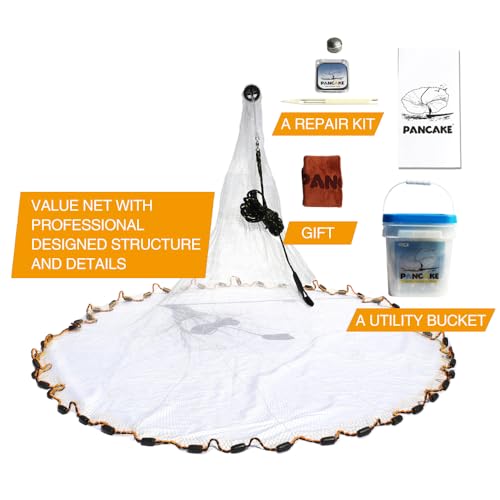 BasicGear Pancake Cast Net – Heavy-Duty 1.0+ lb/ft Weights, 4ft to 12ft Radius, Multiple Mesh Sizes, Pro Grade, Freshwater & Saltwater - size: 6ft Radius, style: 1.00 Lb, 3/8" Sq Mesh