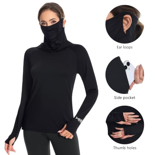 BASSDASH Women’s UPF 50+ Hoodie Shirt with Breathable Face Mask - color: Black, size: Small