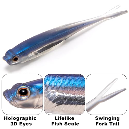 Dr.Fish Soft Plastic Baits, Fork Tail Soft Jerkbait Minnow Lures, 3 to 4-3/4 Inches Soft Swimbaits Jerk Shad Baits Crappie Bass Fishing Lures - color: Purple, size: 4"-5 Pack