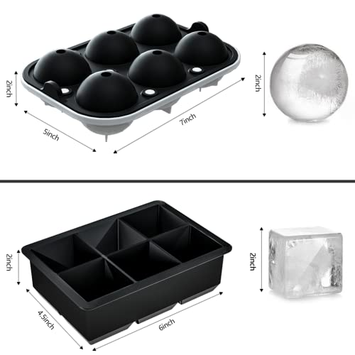 ROTTAY Ice Cube Trays (Set of 2), Sphere Ice Ball Maker with Lid & Large Square Ice Cube Maker for Whiskey, Cocktails and Homemade, Keep Drinks Chilled Black