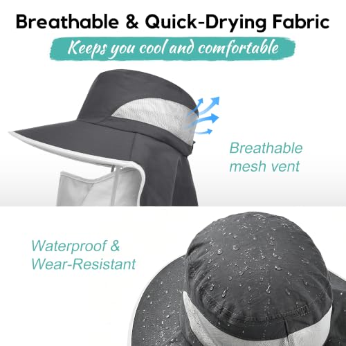 2 Pack Women Men Outdoor Wide Brim Sun Hat with Neck Face Flap,UPF 50+ Protection Fishing Garden Work Hat with Ponytail Hole - color: Dark Grey ＆ Light Grey