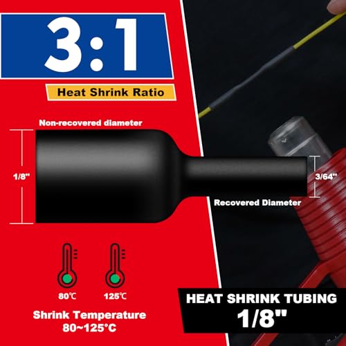 1/8" Heat Shrink Tubing, 65FT Marine Grade 3:1 Shrink Ratio Shrink tubing, Adhesive Lined Heat Shrink Tube, 1/8 Waterproof Shrink Tube for Wires Home Automotive-Black - size: 1/8" -65 Feet