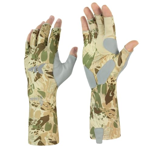 KastKing Agies Fishing Gloves Men, UPF 50+ Sun Gloves UV Protection, Cooling Quick-Dry 3/4 Fingerless Gloves with Extended Cuff, Microfiber Palm & Pull Tabs, for Fishing, Kayaking, Hiking, Hunting - color: X Camo-Multi Purpose, size: Small-Medium
