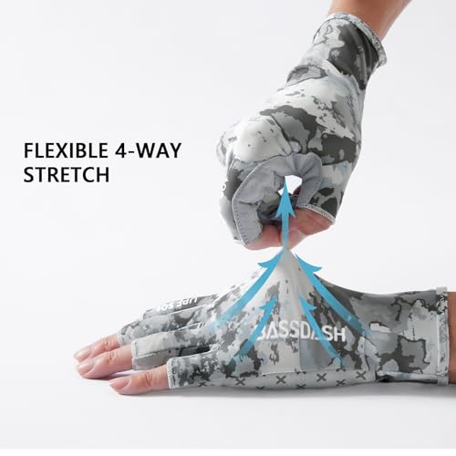 BASSDASH 3/4 Finger UPF 50+ Sun Gloves Breathable Anti-Slip Silicone Palm for Men Women Fishing Fingerless Cycling Running - color: Grey Abstract Camo, size: X-Large