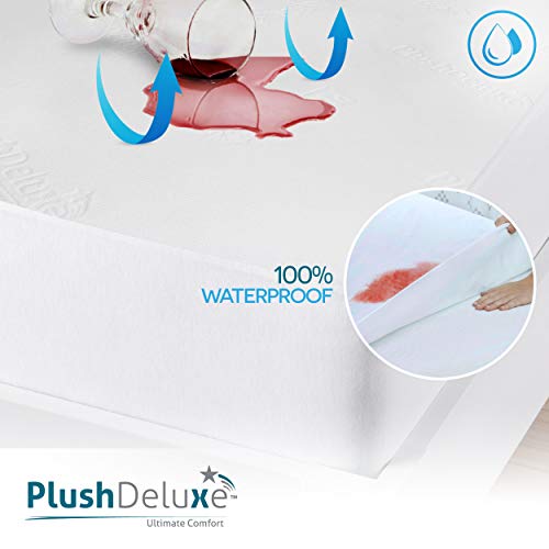 PlushDeluxe Premium Bamboo Mattress Protector – Queen Size, Waterproof, & Ultra Soft Breathable Noiseless Washable Bed Mattress Cover for Comfort & Protection - White