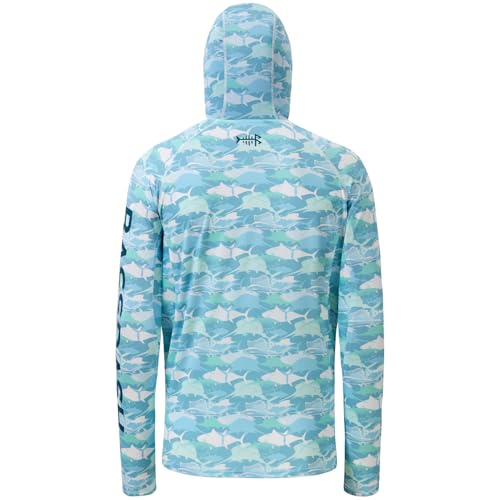 BASSDASH Men’s UPF 50+ Hooded Breathable Camo Shirts with Face Mask Lightweight Neck Gaiter Fishing Hiking Hoodie Shirt FS51M - color: Fish Camo, size: X-Large