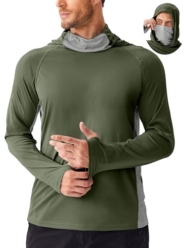 PINSPARK Men's Sun Protection Hoodie with Mask UPF 50+ UV Long Sleeve Shirt Men Rash Guard Performance Fishing Hiking Shirt - color: Army Green, size: Small