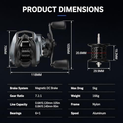 DC Baitcasting Reel, Digital Control Anti-Backlash, 7. 1:1 Gear Ratio, 6+1 Bearings, Ultralight for Bass Freshwater - color: Right Handed