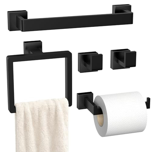 5-Pieces Matte Black Bathroom Hardware Accessories Set, SUS304 Stainless Steel Bath Towel Bar Set, Towel Racks for Bathroom Wall Mounted.