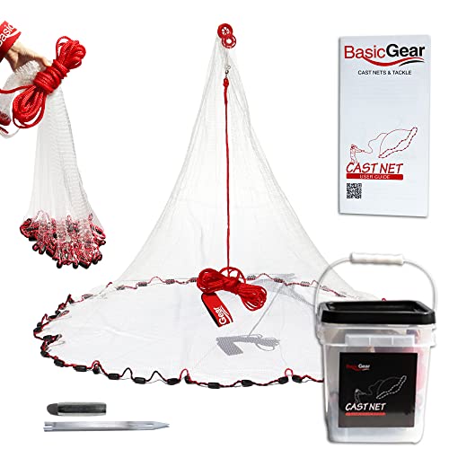BasicGear Cast Net | 3ft-12ft Radius, 3/8 or 1/4 inch Mesh for Freshwater and Saltwater Bait Fish| Professional Grade and Upgraded Material | Throw Style - size: 5ft Radius, style: Protected Weights, 3/8" Mesh