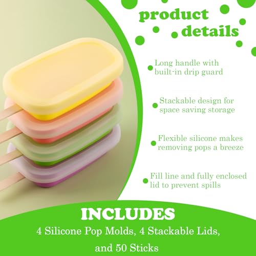 WMKGG Stackable Silicone Popsicle Molds with Lids, 4 PCS Ice Cream Molds with 50 Wooden Sticks for Cake Pop, Ice Pop, Cakesicle (Standard Size/Multicolor)