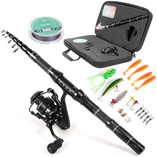 Telescopic Fishing Rod and Reel Combo, Carbon Fiber Collapsible Travel Fishing Pole Kit with Carrier Case & Lures, Anti-Jam Gear for Adults Men Beginners, Freshwater, Saltwater - size: 7.5 ft