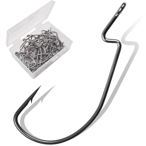 Bass Fishing Hooks 3X Strong Offset EWG Worm Hooks Jigs for Soft Plastic Bait Bass Trout Texas Rig 1-5/0 - size: 150PCS-1#