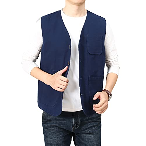 PRIJOUHE Men's Casual Outdoor Cotton Vest Lightweight Breathable Multi-Pocket Fishing Safari Travel Vests Outwear - color: 02-navy, size: XX-Large