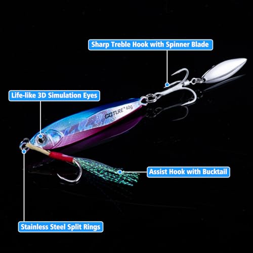 Goture Fishing Jigs, 40g 60g Vertical Jig Saltwater Freshwater, Jig Fishing Lures with Assist Hooks and Treble Hook, Jigging Spoon Lures for Tuna, Salmon,Striped Bass, Grouper Snapper,Kingfish - color: A1:3pcs Fishing Jigs, size: 1.41oz/40g