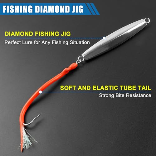 Diamond Jig Saltwater Fishing Lures Casting Jigging Spoon with Tube Tail Stainless Steel Hooks Trolling Lures Striped Bass Metal Jig for Deep Sea Surf Fishing Bottom Dragging Sinking - color: Red, size: 10 oz