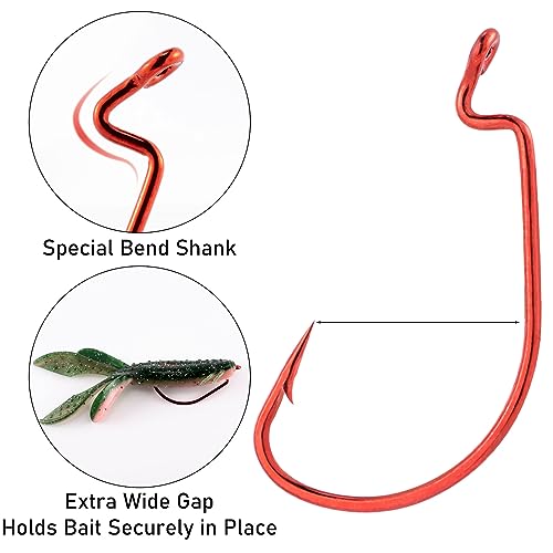 Dr.Fish EWG Hooks Bass Fishing Worm Hooks Extra Wide Gap Freshwater Fishing Carolina/Texas Rig - color: Red, size: #2-100Pack
