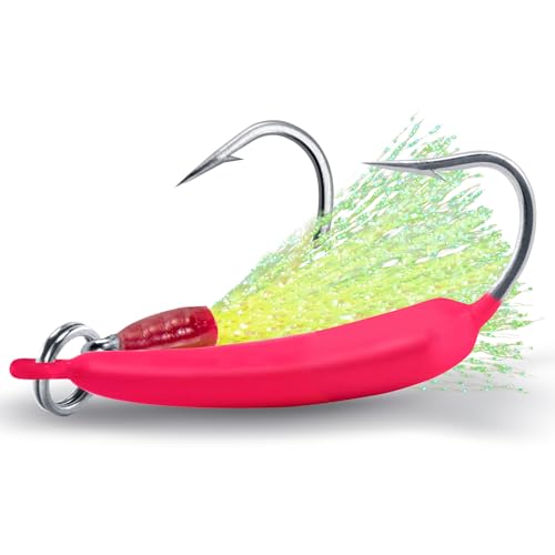Dr.Fish 5 Pack Pompano Jigs with Teaser Hooks, Surf Fishing Jig Heads Saltwater Lure Banana Shape Stand Up O'Shaughnessy Beach Casting Halibut Striper Redfish Flounder - color: Pink, size: 1oz-Hook 4/0