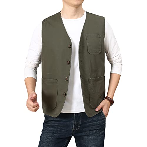 PRIJOUHE Men's Casual Outdoor Cotton Vest Lightweight Breathable Multi-Pocket Fishing Safari Travel Vests Outwear - color: 02-green, size: X-Large