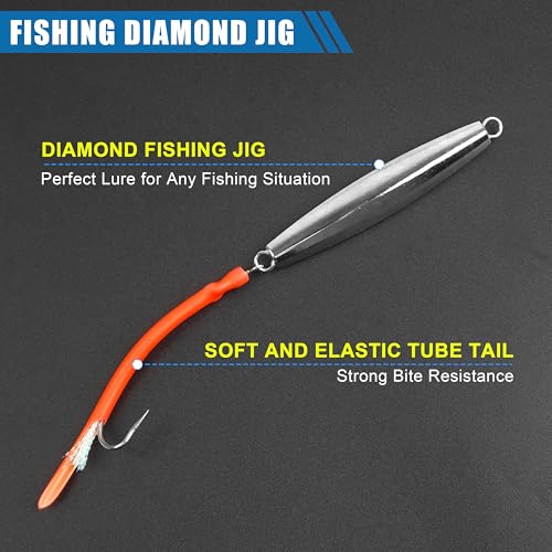 Diamond Jig Saltwater Fishing Lures Casting Jigging Spoon with Tube Tail Stainless Steel Hooks Trolling Lures Striped Bass Metal Jig for Deep Sea Surf Fishing Bottom Dragging Sinking - color: Red, size: 1 oz
