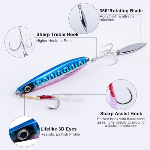 Goture Fishing Jigs, 40g 60g Vertical Jig Saltwater Freshwater, Jig Fishing Lures with Assist Hooks and Treble Hook, Jigging Spoon Lures for Tuna, Salmon,Striped Bass, Grouper Snapper,Kingfish - color: B3:5pcs Fishing Jigs, size: 1.41oz/40g