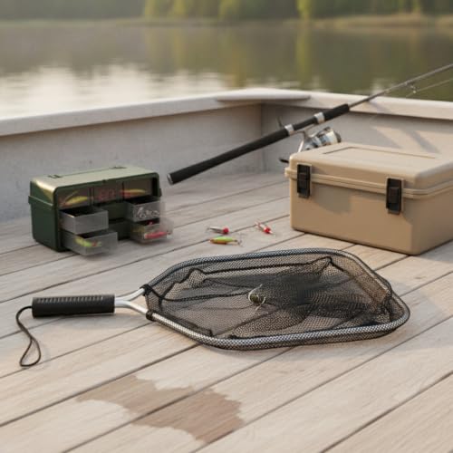 Rubber Mesh Landing Net Head Replacement, Aluminum Alloy Frame for Freshwater Fishing, Smooth Hook Release - size: 13.78 x 11.81 x 11.42"