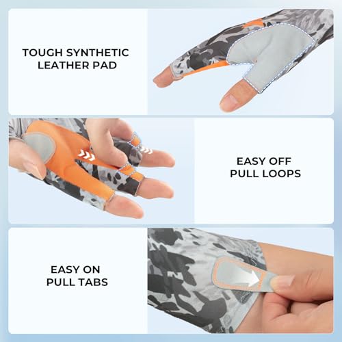 KastKing Agies Fishing Gloves Men, UPF 50+ Sun Gloves UV Protection, Cooling Quick-Dry 3/4 Fingerless Gloves with Extended Cuff, Microfiber Palm & Pull Tabs, for Fishing, Kayaking, Hiking, Hunting - color: X Camo-Gray, size: Small-Medium