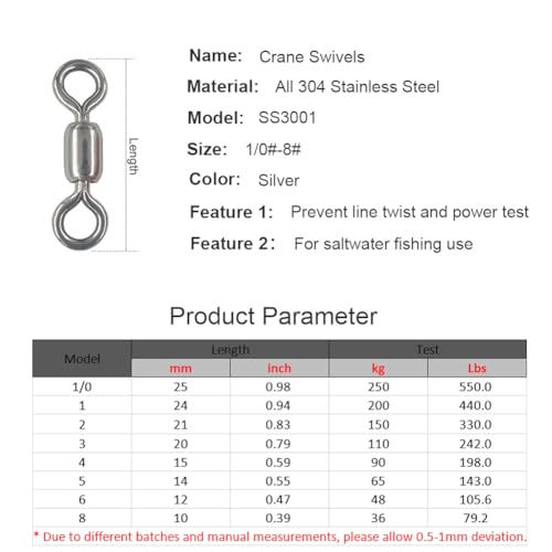 100 pcs Fishing Swivels, 100% 304 Stainless Steel Barrel Swivel Corrosion Resistance Power Crane Swivels Saltwater and Freshwater Fishing Line Lure Leader Connector - size: 5# 0.55"/143LB
