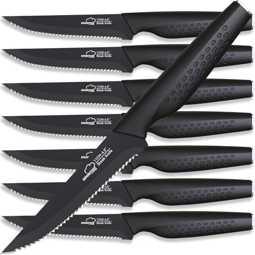 Amorston Steak Knives, Steak Knives Set of 8, Stainless Steel Steak Knife Set, Serrated Knives Dishwasher Safe, Elegant Black