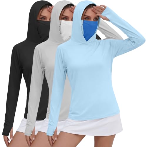 Xaatren 3 Pack Women's UPF 50+ Sun Hoodies with Face Mask Thumb Holes Quick Dry Fishing Shirts UV Protection Hiking Shirt - color: Black, Gray, Blue, size: X-Large