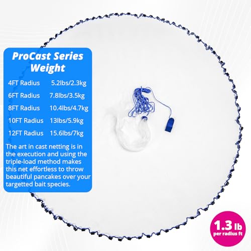 1.3 lbs/ft Fishing Cast Net with Eco-Friendly Lead Weights, 3/8inch Mesh Size, Throw Nets for Freshwater & Saltwater, 4/6/8/10/12 Ft Radius Casting Net - ProCast Series - size: 10-ft radius
