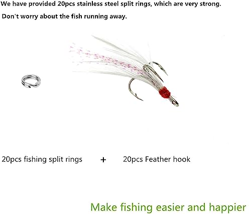 Fishing Treble Hooks Feather Dressed: 20pcs/Box Feathered Treble Hook Size 2 4 6 8 with Split Rings Replacement for Fishing Lure Spinner Spoon Crankbait Making - color: White, size: 8#