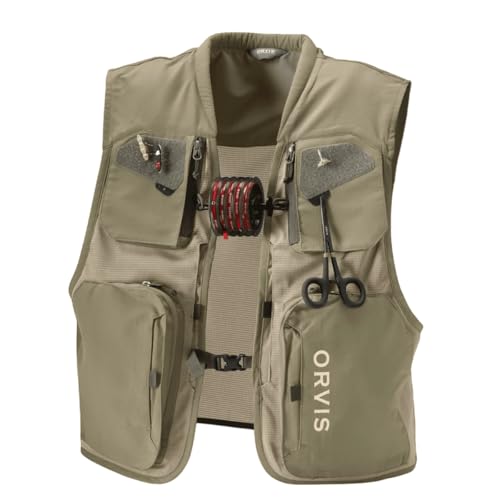 Orvis Clearwater Mesh Fly Fishing Vest - Lightweight Recycled Ripstop | 8 Pockets, Fly-Drying Patches, Tool Docks & Padded Collar, Breathable Hybrid Mesh, Buckle Closure - color: Dusty Olive, size: Large