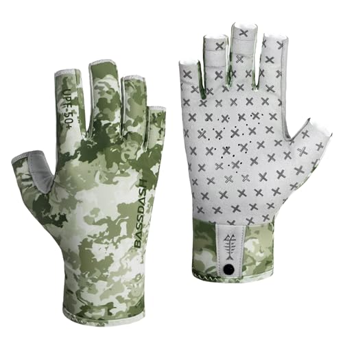 BASSDASH 3/4 Finger UPF 50+ Sun Gloves Breathable Anti-Slip Silicone Palm for Men Women Fishing Fingerless Cycling Running - color: Moss Shadow Camo, size: Large