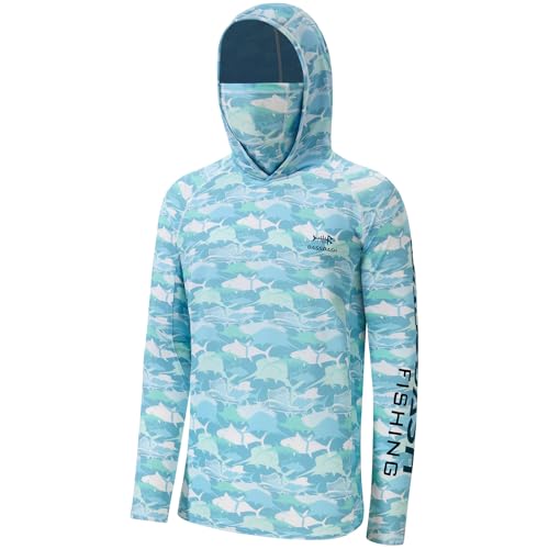 BASSDASH Men’s UPF 50+ Hooded Breathable Camo Shirts with Face Mask Lightweight Neck Gaiter Fishing Hiking Hoodie Shirt FS51M - color: Fish Camo, size: Large