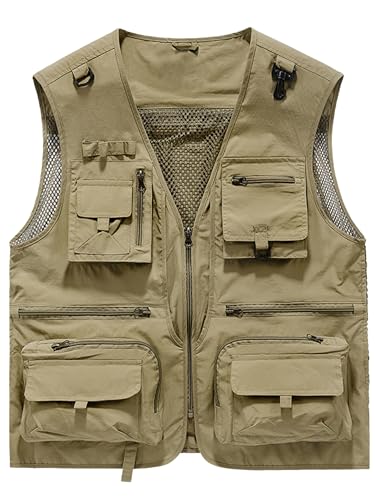 Lucrosun Men's Lightweight Outdoor Fishing Vest Utility Safari Vest with Pockets - color: Khaki, size: X-Large