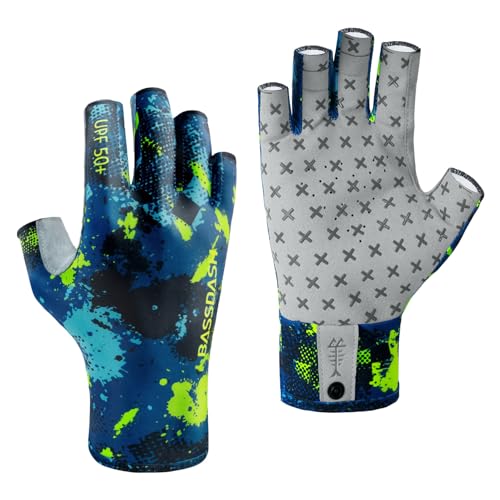 BASSDASH 3/4 Finger UPF 50+ Sun Gloves Breathable Anti-Slip Silicone Palm for Men Women Fishing Fingerless Cycling Running - color: Green Sport Camo, size: Large