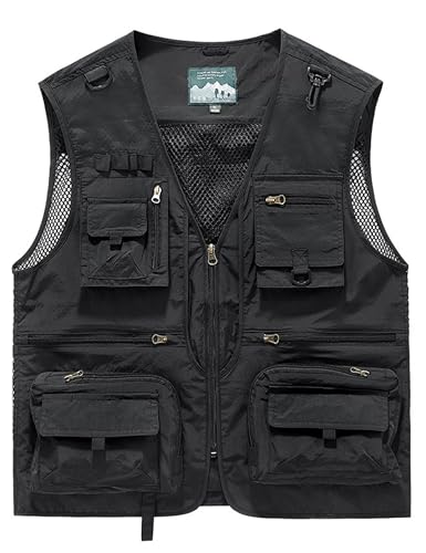 Men's Lightweight Mesh Fishing Vest Utility Outdoor Multi-Pocket Hunting Cargo Vest - color: Black, size: XX-Large