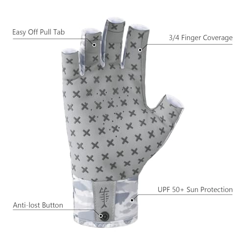 BASSDASH 3/4 Finger UPF 50+ Sun Gloves Breathable Anti-Slip Silicone Palm for Men Women Fishing Fingerless Cycling Running - color: Grey Fishes, size: Medium