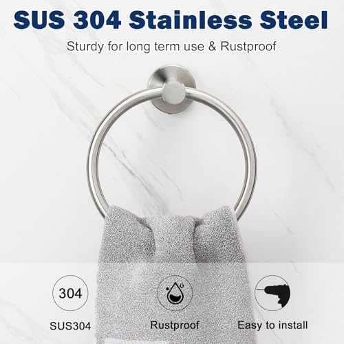 NearMoon Bath Towel Ring, Bathroom Hardware Accessories-Thicken Stainless Steel Hand Towel Holder for Bathroom, Modern Round Towel Hanger Wall Mounted (Brushed Nickel, 1 Pack)