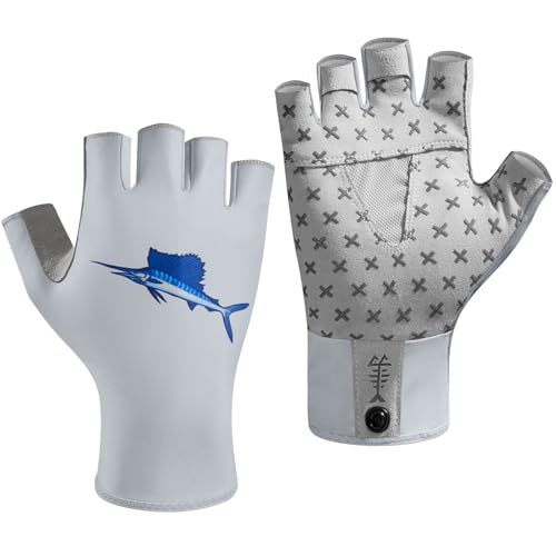 BASSDASH Unisex UPF 50+ Half Finger Sun Gloves Fingerless Breathable UV Protection for Fishing Hiking Kayaking Rowing FG02 - color: Cool Grey/Marlin, size: Small