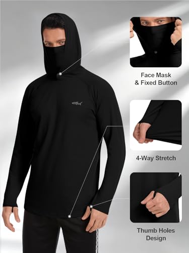 Men's UPF 50+ Sun Protection Hoodie Lightweight Quick Dry Fishing Shirts Long Sleeve Rash Guard with Mask - color: Black, size: Large