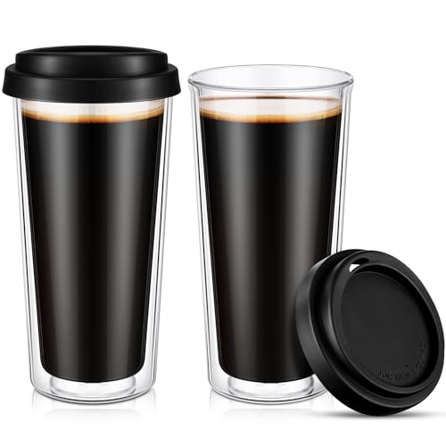 Honeydak 2 Pack 16 oz Double Walled Glass Coffee Mugs with Silicone Lids Clear Insulated Glass Travel Cups Reusable Hot and Iced Coffee Tumblers for Travel Home Office